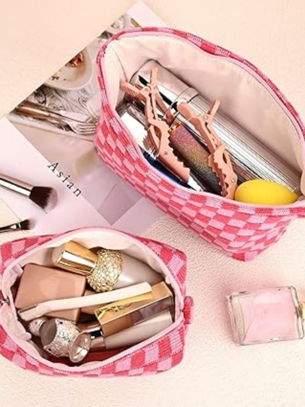 2Pc Large Checkered Makeup Bag Set Canvas Travel Cosmetic Organizer Rose Red